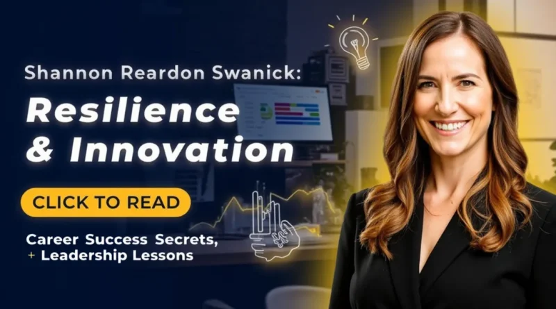 Shannon Reardon Swanick, a visionary leader in marketing and entrepreneurship, smiling confidently in a modern office environment. Her poised demeanor reflects resilience, innovation, and professional growth.